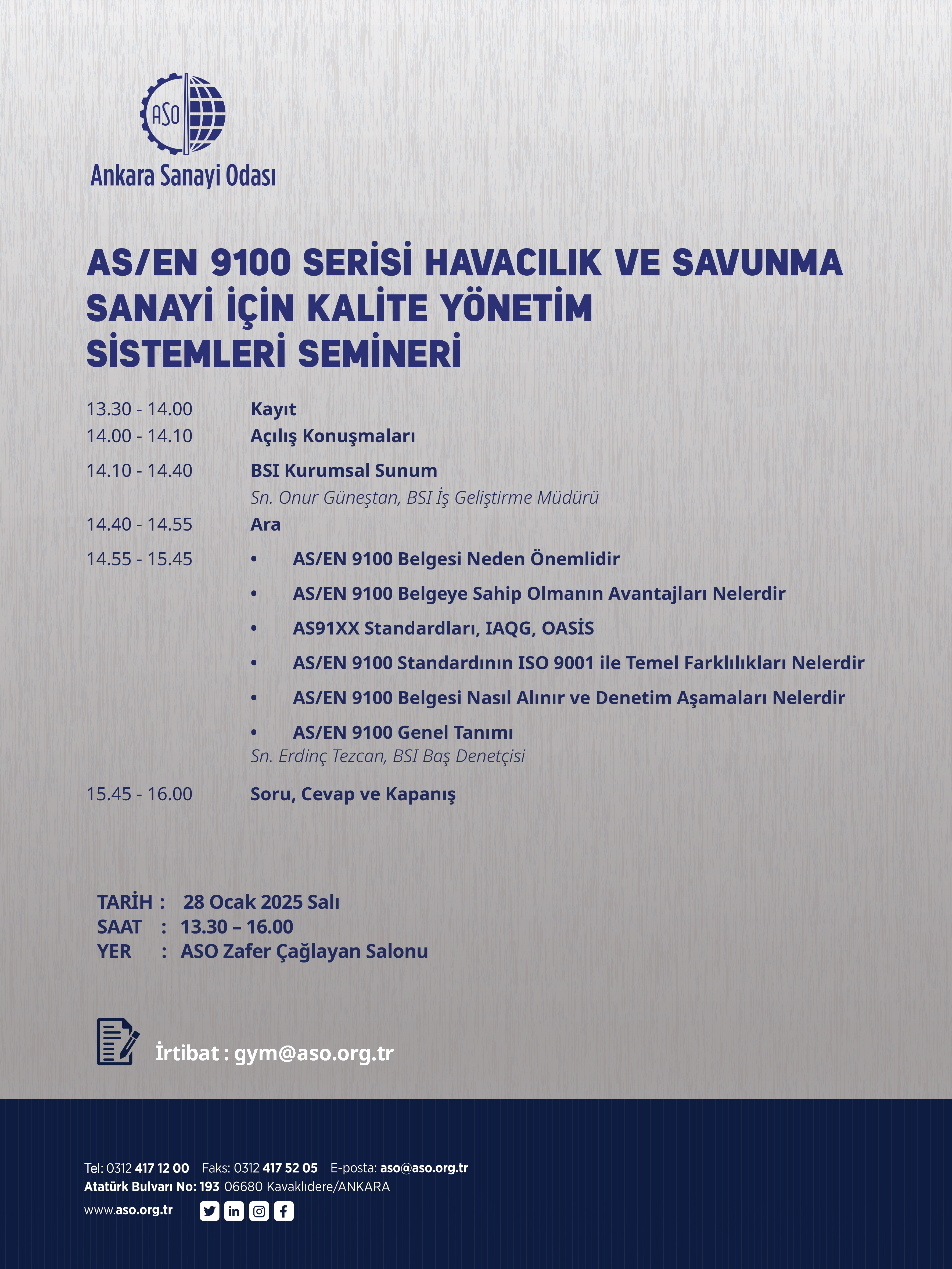 AS/EN 9100 SERİSİ HAVACILIK VE SAVUNMA SANAYİ İÇİN KALİTE YÖNETİM SİSTEMLERİ SEMİNERİ